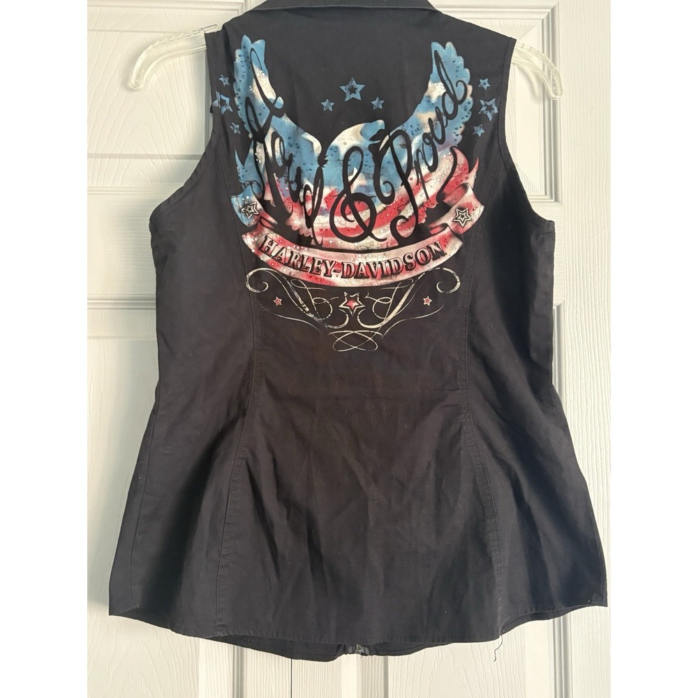 Harley Davidson Women's Small Black Full Zip Sleeveless Vest Shirt Loud &‎ Proud